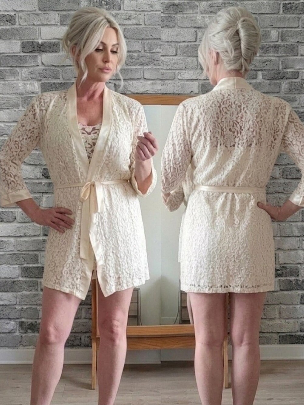 Vtg 90s Kathie Lee cream lace satin trim negligee robe loungewear set M-XL
